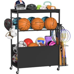Snughome Sports Equipment Garage Organizer,Ball Storage Rack for Sports Gear and Toys, Rolling Ball Cart with Wheels for Indoor/Outdoor Use, Black