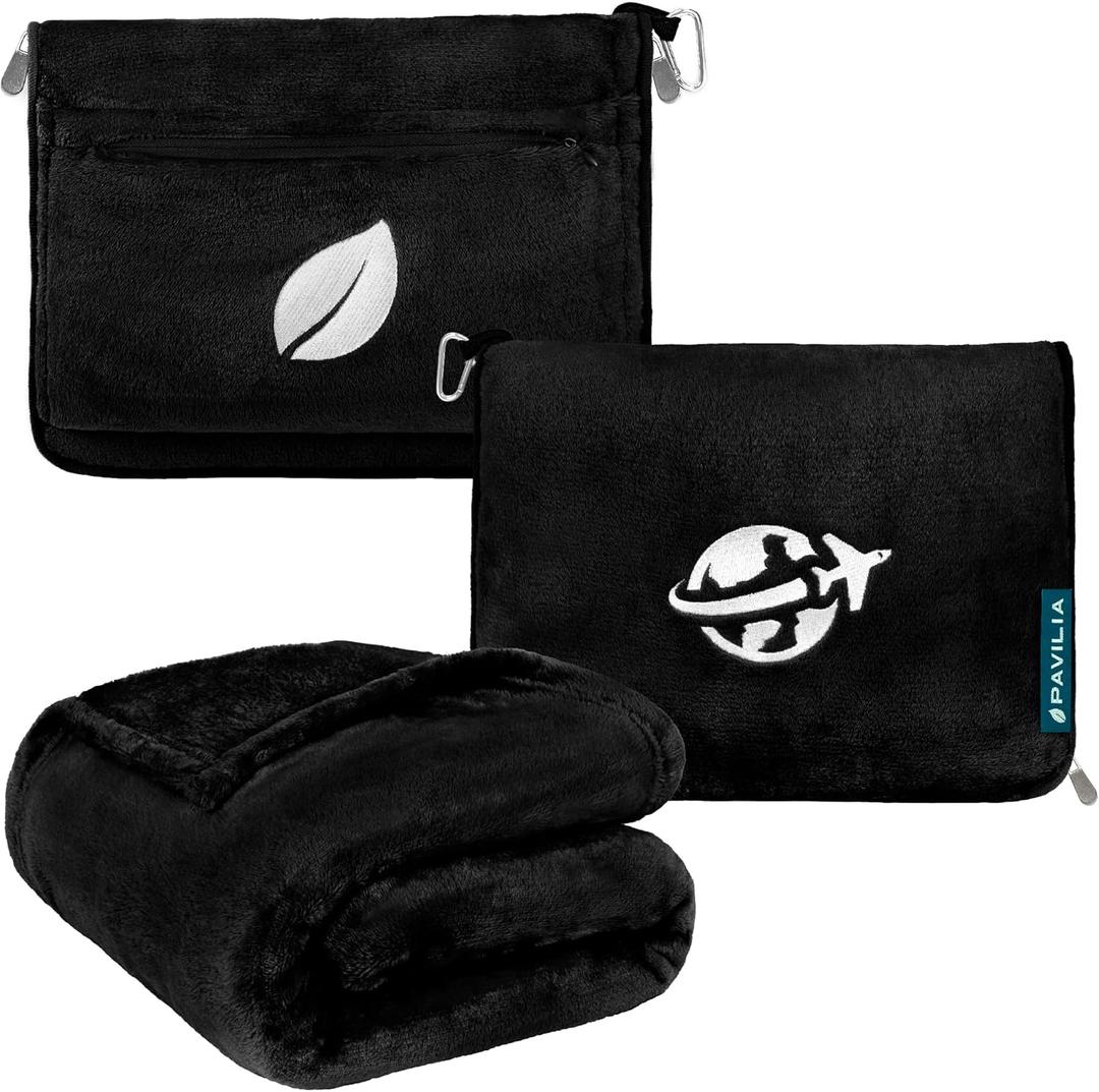 PAVILIA Travel Blanket and Pillow, Arms Opening Airplane Blankets for Adults, Compact Plane Blanket with Arm Hole 2-in-1 Bag for Flight Car Camping Fit in Luggage Backpack Traveler Gift, Black (65 x 40 inches)