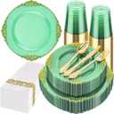Hioasis 175pcs Clear Green Plastic Plates - Elegant Disposable Dinnerware Set Suitable for 25 Guests Include 10.25" Dinner & 7.5" Dessert Plates, Cutlery, Napkins, Cups for Party & St. Patrick's Day