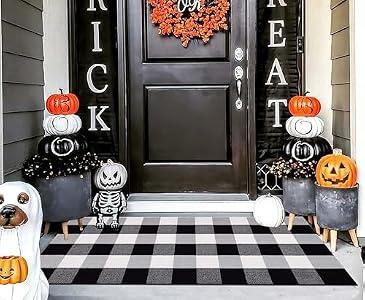 Black and White Outdoor Rug 24''X 51'' Fall Front Porch Rug Cotton Woven Washable Checkered Layering Door Mat for Door Mats Outdoor Porch Entryway Bedroom Living Room