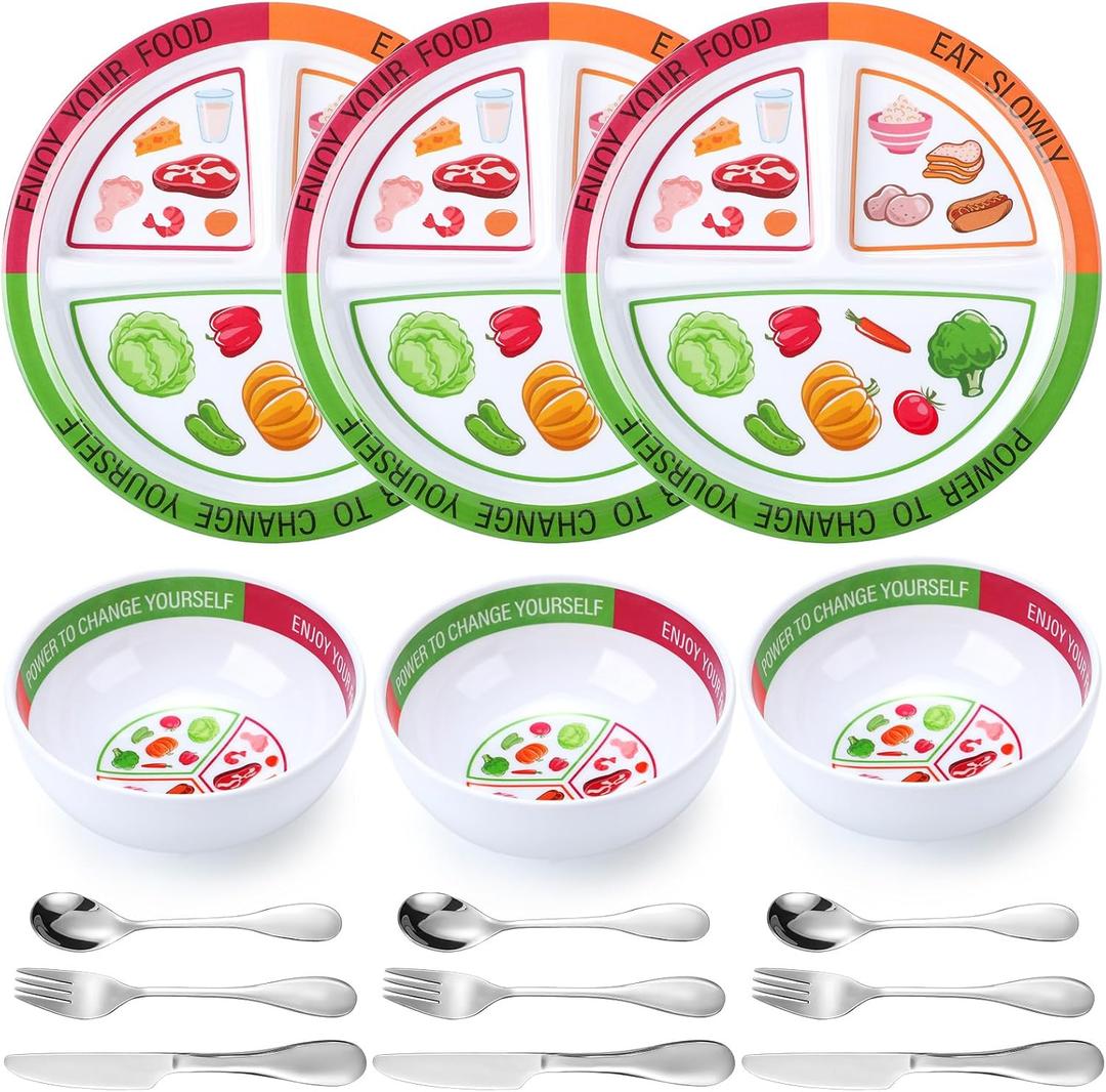 6 Pcs Bariatric Portion Control Set with 3 Bariatric Plates 3 Portion Control Bowls and Stainless Steel Flatwares for Adults Diet Balanced Eating Weight Loss Serving Plans (Colorful)