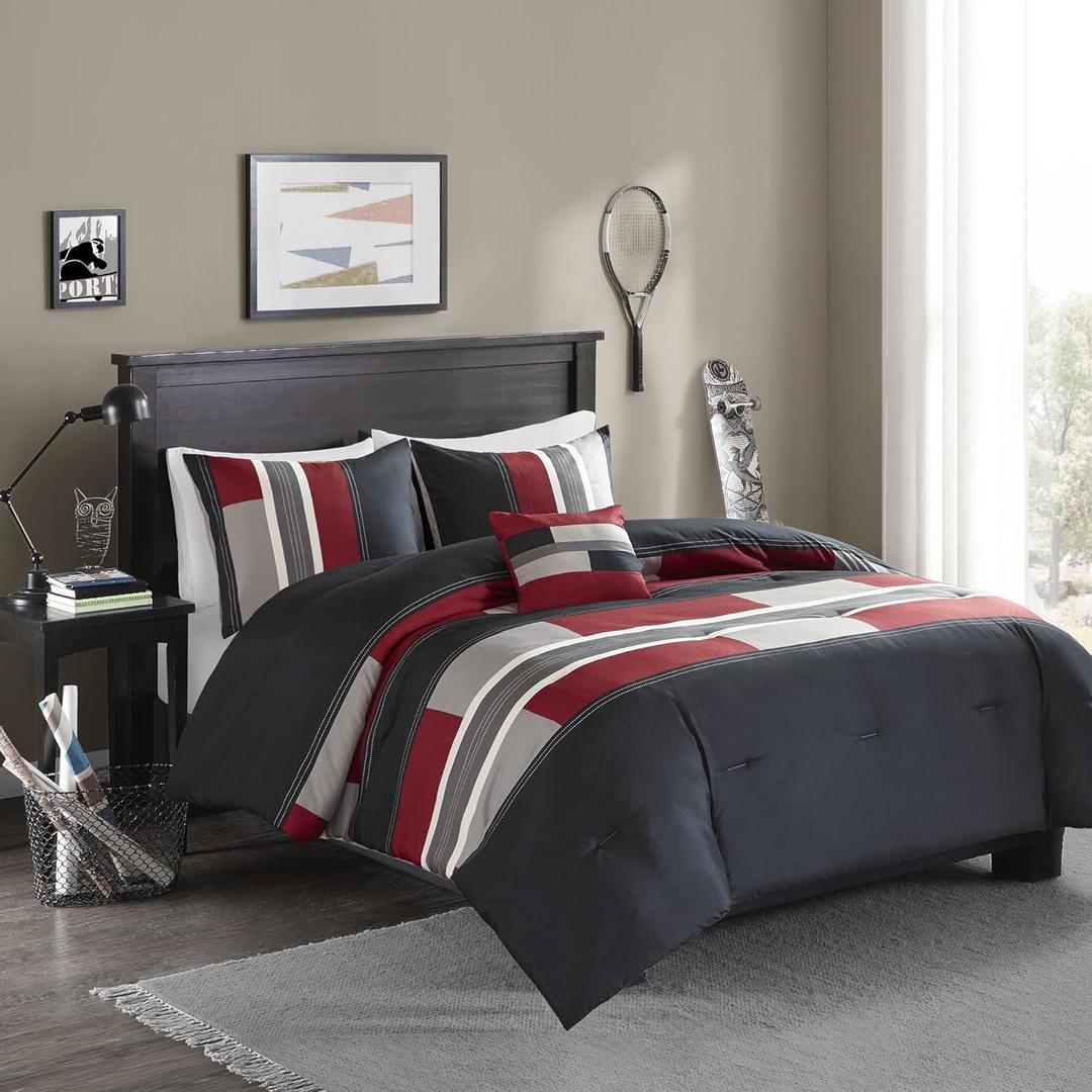 Comfort Spaces Casual Comforter Set Sporty Design, Vibrant Color, Active Lifestyle Boys Bedroom Dcor, All Season Soft Microfiber Bedding Set, Decorative Pillow, Sham Black/Red Queen 4 Piece