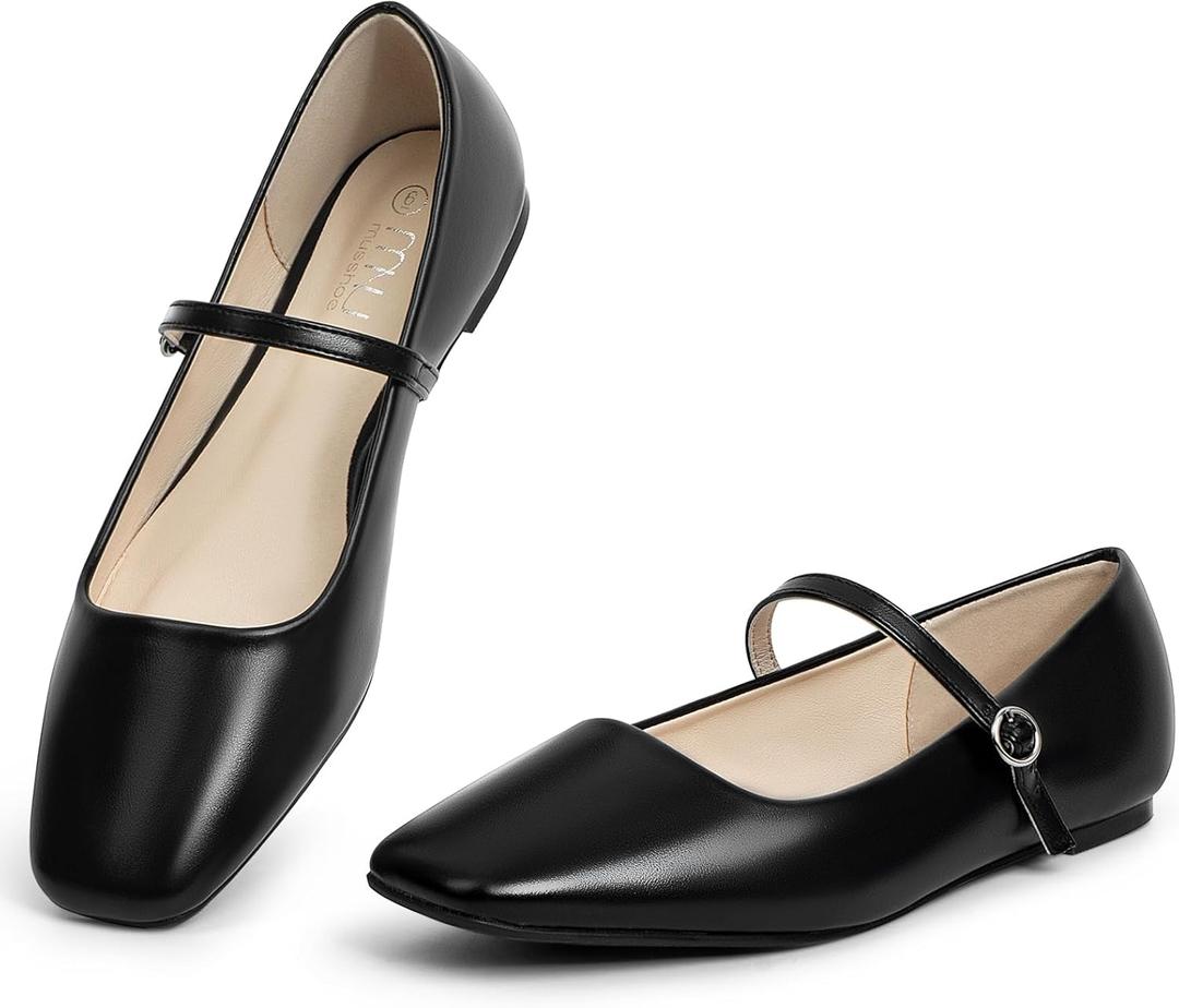 MUSSHOE Womens Ballet Mary Jane Flats Shoes Adjustable Strap Comfortable Square Closed Toe Versatile Chic Footwear with Latex Insole (8, Black)