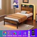Twin Bed Frame with Charging Station and LED Lights,Heavy Duty Platform Beds Twin Size with Storage Headboard,USB Port,Rustic Wood and Strong Metal Support,No Box Spring Needed, Noise Free