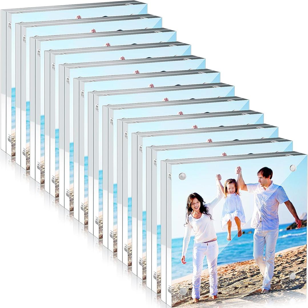 Handepo 12 Pcs Acrylic Picture Frame Bulk Clear Acrylic Photo Frame Magnetic Desktop Display Double Sided 20 mm Thickness Freestanding for Bedroom Living Room Home Office(4 x 4)