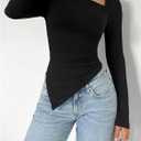 Women's Long Sleeve Asymmetrical Tops Notched Neck T Shirt Slim Fit Elegant Tee (Black, L)