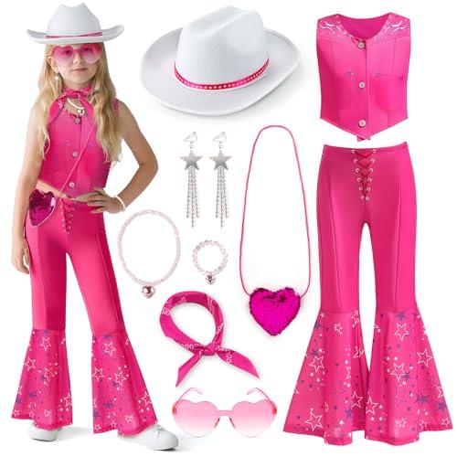 Cubacubo Cowgirl Costume Girls Kids Disco Western Rodeo Dress Up Outfits for Halloween Birthday Cosplay Party 140(7-8 Years), Hot Pink