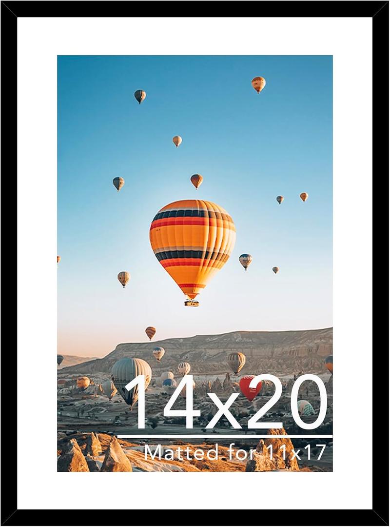 JCJMY 14x20 Picture Frame with 11x17 Mat, Display Photo 11x17 with Mat or 14 x 20 Without Mat, Wall Hanging Large 14 by 20 Poster Frame with Plexiglass, Black