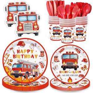 168pcs Firetruck Paper Plates Napkins Fire Truck Party Supplies Disposable Tableware Set for Kids Fireman Themed Birthday Decorations Serve 24 Guests