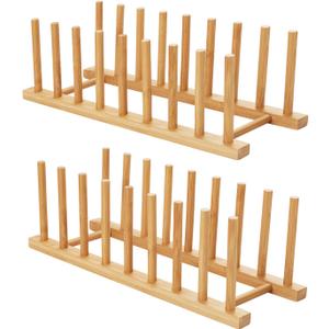 HBlife 2pcs Bamboo Dish Plate Bowl Cup Book Pot Lid Cutting Board Drying Rack Stand Drainer Storage Holder Organizer Kitchen CabinetKeep Dry