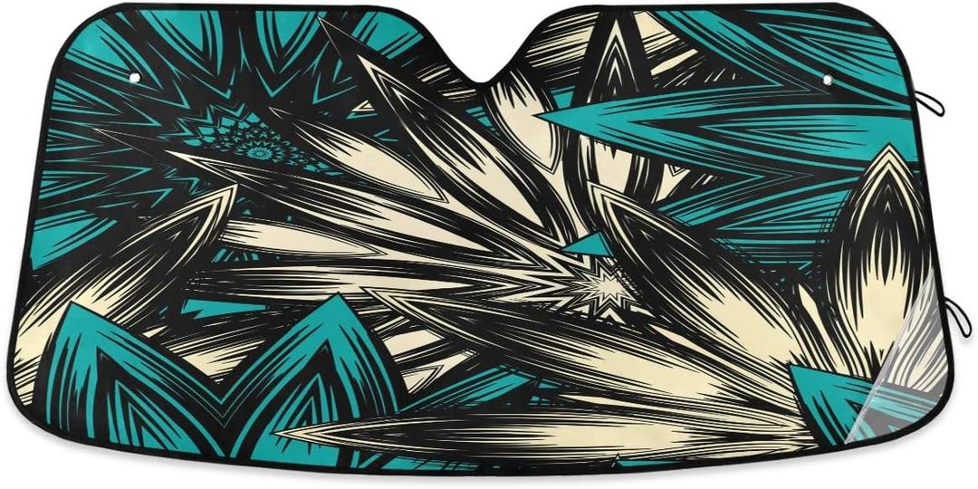 Car Windshield Sunshade Vintage Teal Blue Flowers Pattern, Blocks Sun Visor Protector Foldable Sun Shield Keep Your Vehicle Cool, Fits Windshields of Most Sizes