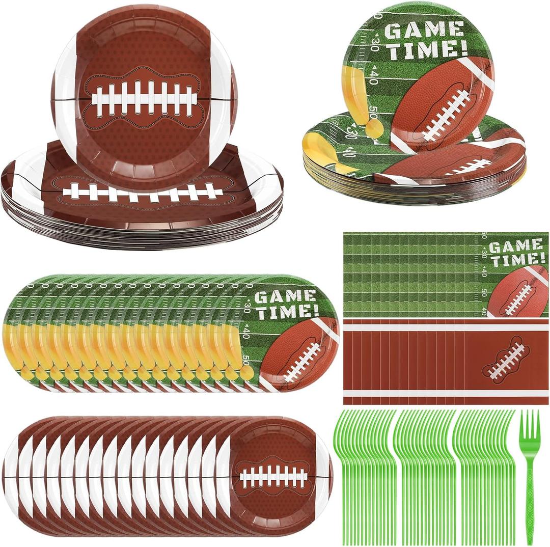 Zhehao 192 Pcs Football Paper Plates and Napkins Set Football Party Supplies Decorations 7 Inch 9 Inch Disposable Paper Plates Napkins and Forks for Sport Themed Birthday Party Favors Serves 48