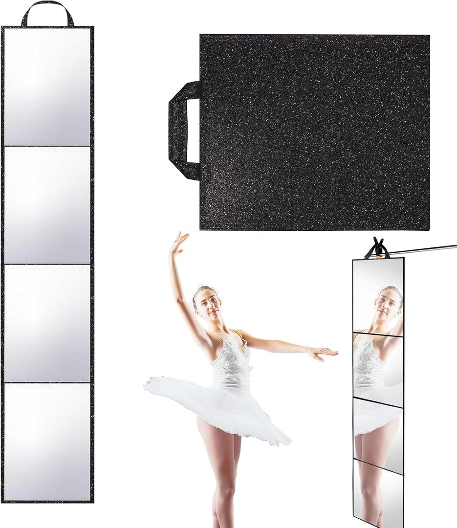 Foldable Full Length Mirror 2-in-1 Wall-Mounted or Tabletop Mirror, Portable Travel Mirror with Handle for Dance Home Bedroom Wardrobe Stage Makeup Checks Camping Outdoor Use (47" x 12.5", Four-Fold)