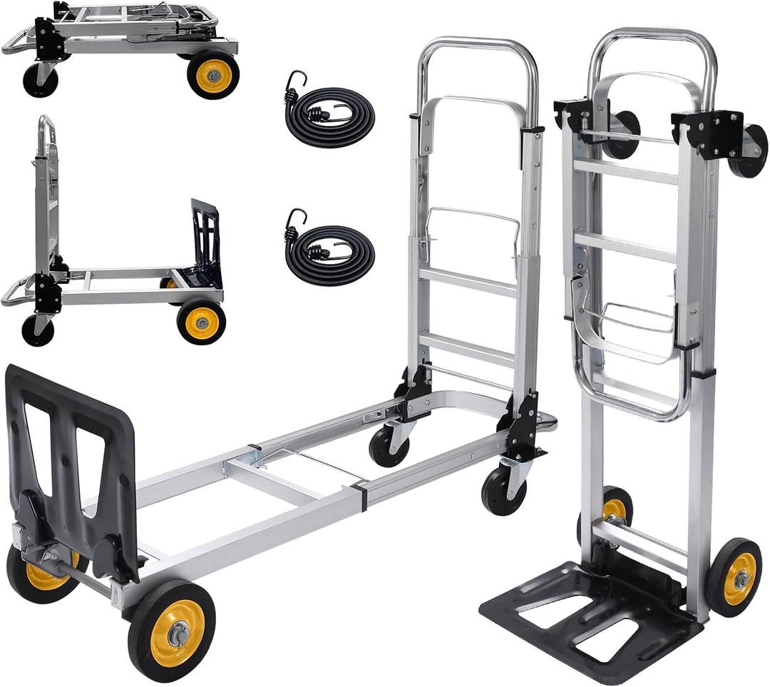 Aluminium Folding Hand Truck Heavy Duty 440lbs Capacity 2 in 1 Convertible Hand Truck Dolly with Pneumatic Wheels and Telescoping Handles, Portable Dolly Cart with Bungee Cords for Moving
