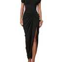 Floerns Women's Elegant Long Dress Asymmetrical Off Shoulder Ruched Slit Bodycon Cocktail Dresses Black Medium
