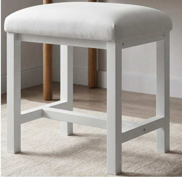 Vanity Stool, Cushioned Makeup Stool, Small Upholstered Vanity Chair for Bedroom, Bathroom & Dressing Room, Easy Assembly Footstool, White (15.75" L x 9.25" W x 16.93" H)
