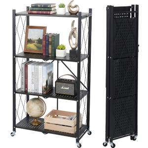 4 Tier Foldable Storage Shelf with Wheels, Collapsible Metal Rack Shelving Unit, No Assembly Required, Rolling Cart Shelf Rack Organizer for Books, Garage, Kitchen, Closet, Pantry, Exhibition, Black