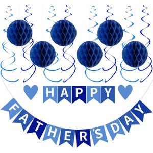 Happy Father's Day Decorations Party Supplies Kit - Happy Fathers Day Banner, 6 Honeycomb Ball & 12 Hanging Swirls for Home Party Decor, Blue Heart Theme