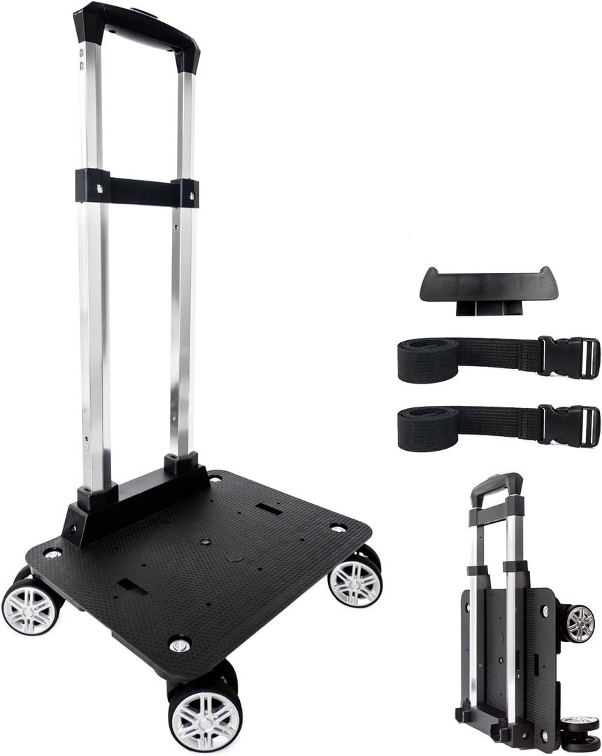 Backpack Trolley Wheeled Cart-Backpack Hand Truck with Luggage Strap,Aluminium Alloy Folding Trolley Cart for Bags Backpack Travel Luggage Cart (4 Wheels)