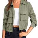 Onedreamer Women's Military Safari Cropped Jackets Button Down Lightweight Oversized Utility Anorak Coat with Pockets, Medium