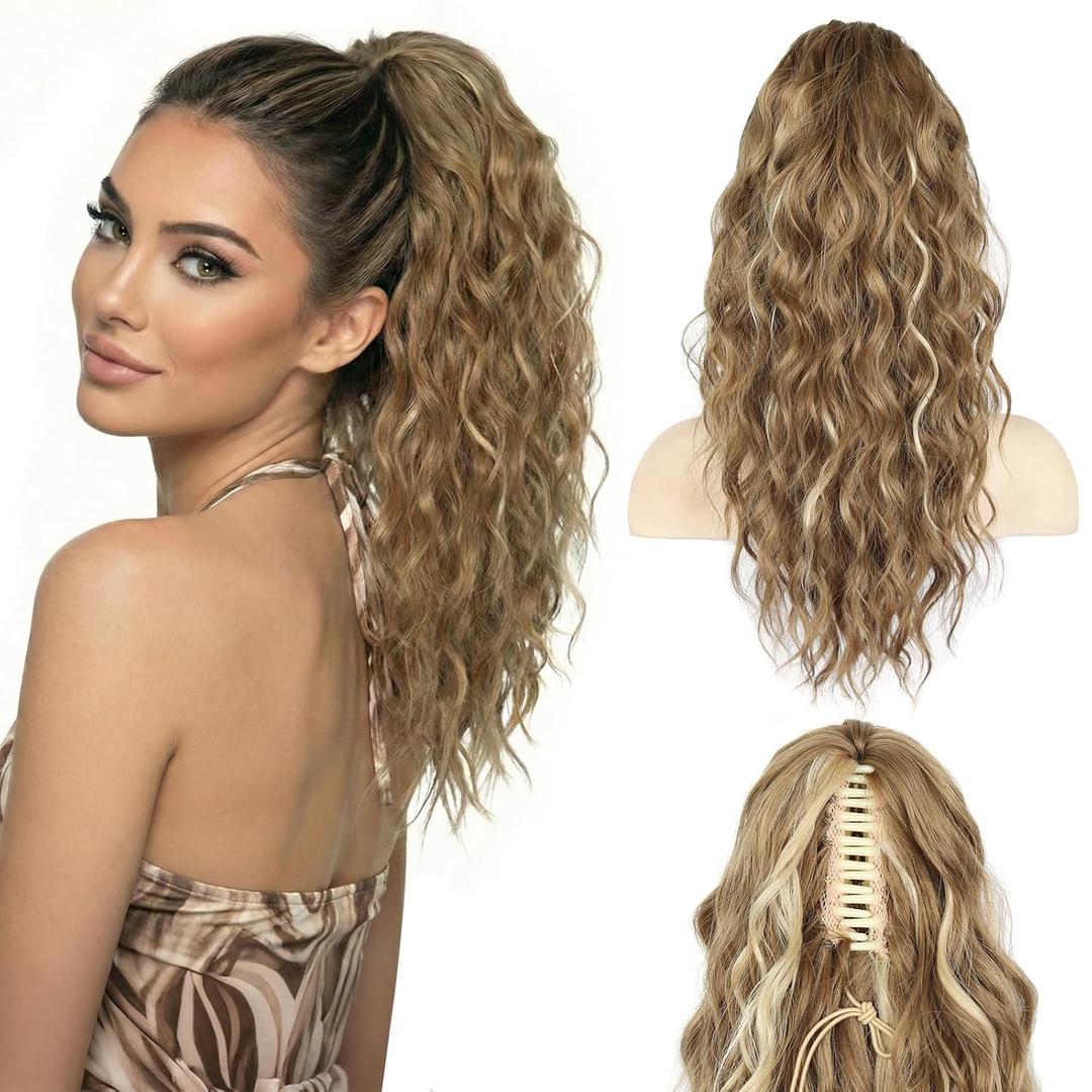 18 Inch Ponytail Extension - Clip in Ponytail Hair Extensions, Curly Wavy Pony Tails Hair Extensions, Synthetic Claw Clip Ponytail Extension for Women (Color: Dark Blonde with Beige Blonde Highlights)