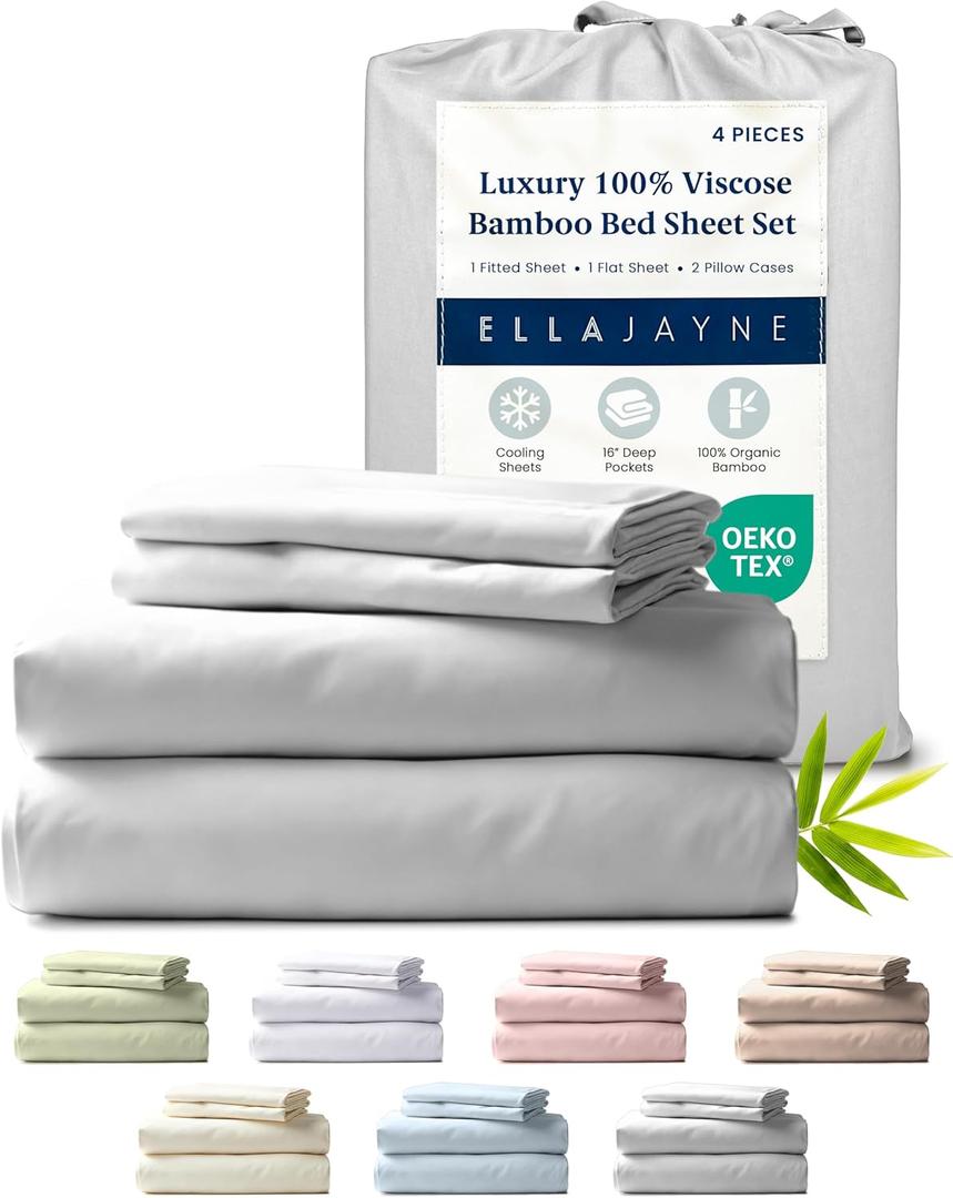 Ella Jayne Viscose Derived from Bamboo Sheets Full Size Set (4 Pieces) Full Size, Ultra Soft & Luxuriously Cooling, Eco-Friendly Full Size Bed Sheets Deep Pockets 16 Inch (Silver)
