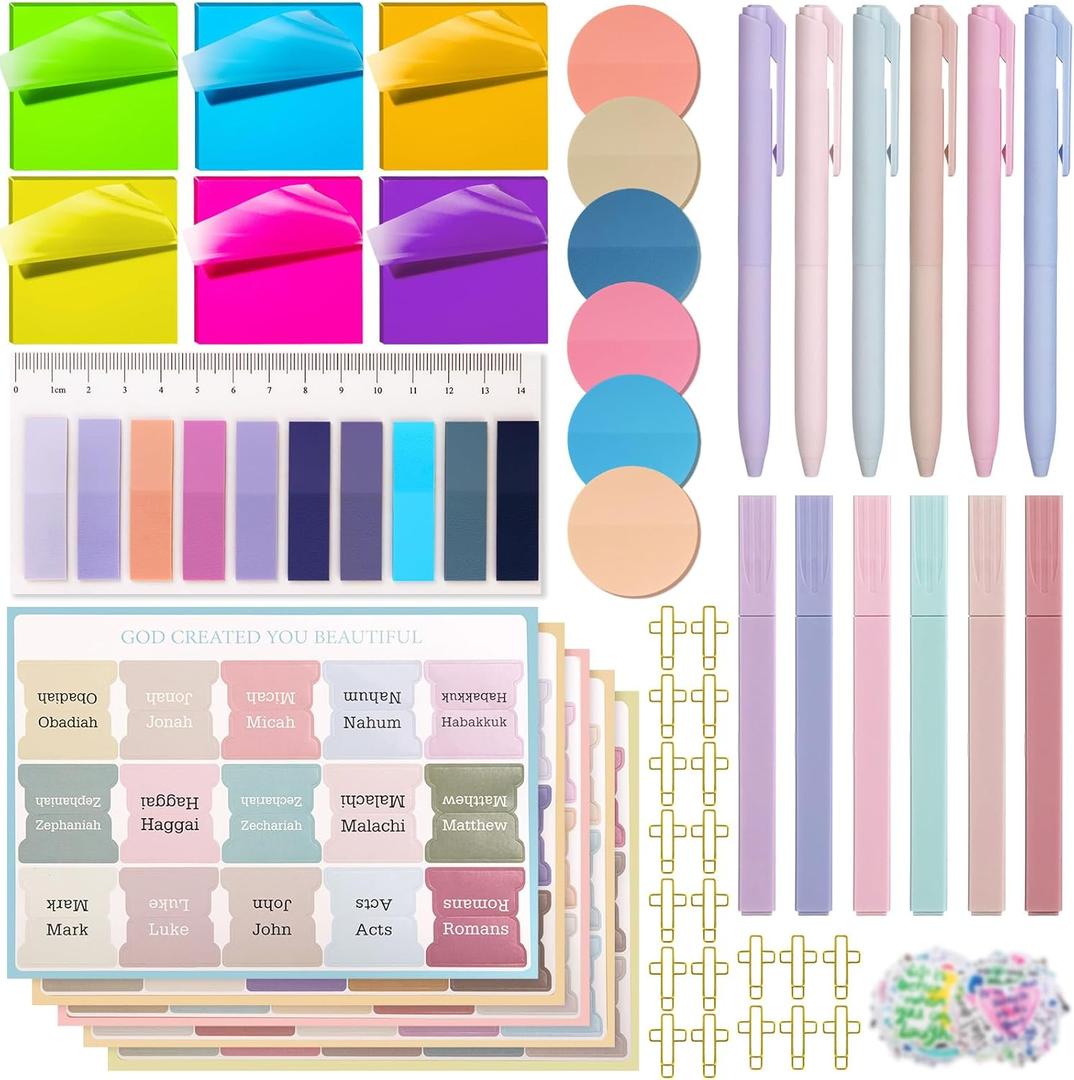 105PCS Bible Study Supplies Set for Women, Bible Journaling Kit with 12PCS Highlighters and Pens no Bleed, 1 Set Bible Tabs, 22 PCS Sticky Annotation Notes, 20PCS Cross Clips, 50PCS Christian Stickers