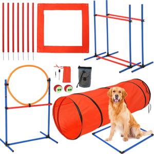 Dog Agile Training Equipment Set Outdoor Indoor,70" Tunnel + Tire Jump + Hurdle Jump, Weave Poles, Pause Box, 2 Toy Balls, 1 Whistle, Carry Bag, Premium Dog Obstacle Course Kit (87-Piece)