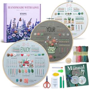 ETSPIL Embroidery Kit for Beginners & Adults, 3-Pack 33-Stitch Practice Samplers, Pre-Stamped Patterns, 7.8 inch Hoop, Floss & Needles, Step-by-Step Guide and Video Tutorials, DIY Needlework Gift