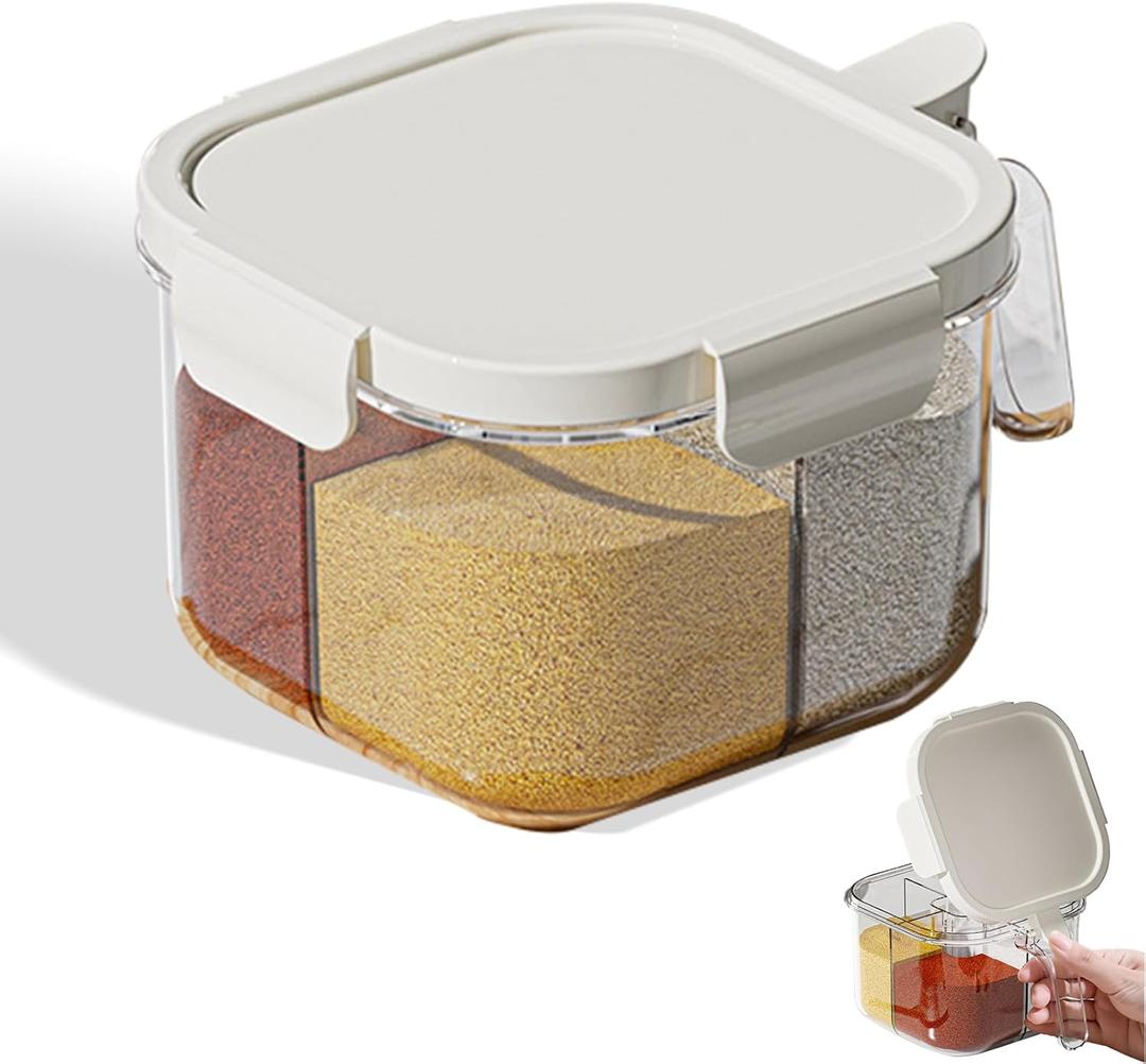 4-Compartment Clear Seasoning Box with Lids and Spoons, Airtight Condiment Organizer, Kitchen Spice Container Set for Salt, Sugar, Pepper (White)