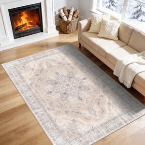 4x6 Area Rug, Soft Non-Slip Vintage Medallion Rug, Low-Pile Printed Indoor Washable Area Rugs for Living Room, Bedroom Bedside, Entryway, Kitchen -Light Blush/Cream