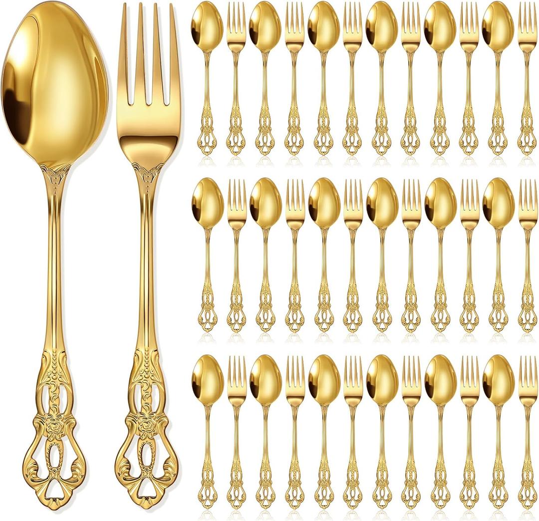 Dandat 40 Pcs Gold Forks and Spoons Silverware Set, Stainless Steel Flatware Cutlery 8-inch Utensil for Wedding, Party, Home, Dinners, Kitchen and Restaurant, Mirror Polished, Dishwasher Safe(Retro)