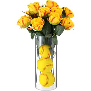 Suncalla 12 Pcs Softball Rose with Leaves Bulk Artificial Fake Roses Decor Sports Flower Gifts for Table Centerpieces Graduation Wedding Gifts Sports Theme Rose Bouquet Party Favors