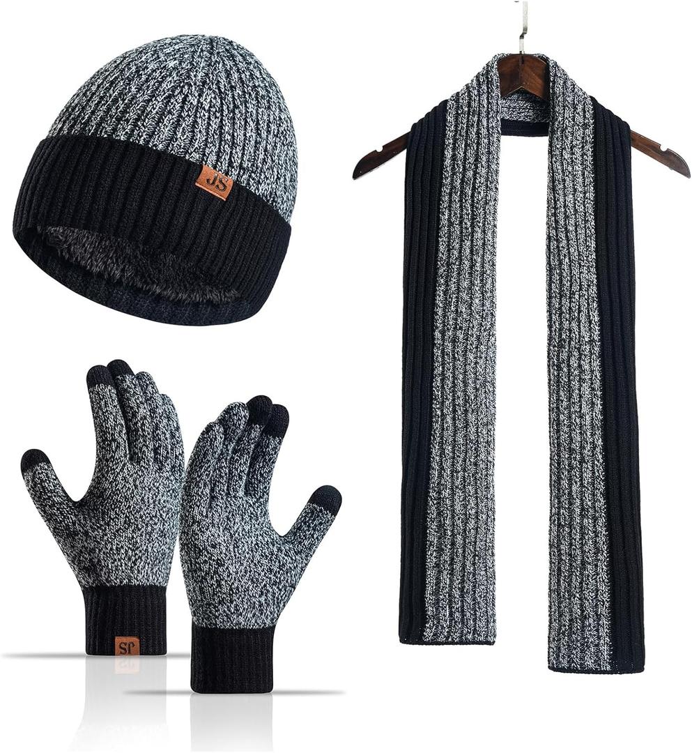 Winter Hats Scarf Set for Men Touchscreen Gloves Warm Knit Beanie Hat Scarves with Fleece Lined Cap (Gray)