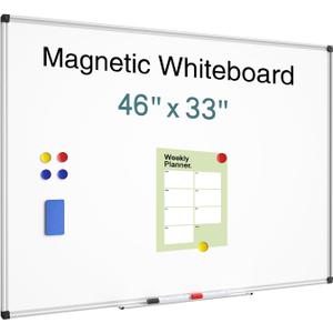 Magnetic Dry Erase Whiteboard - 46 x 33 Inch White Board - 4 x 3 Large Wall-Mounted Board with Silver Aluminum Frame, 1 Magnetic Eraser, 2 Pens, Detachable Marker Tray, 6 Magnets
