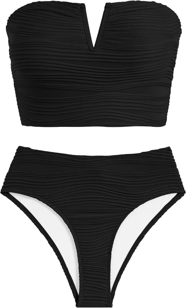 ZAFUL Womens Bandeau Bikini Set Strapless Textured Two Piece Lace up Bathing Suits High Waisted V-Neck Swimsuits (Large, Black)