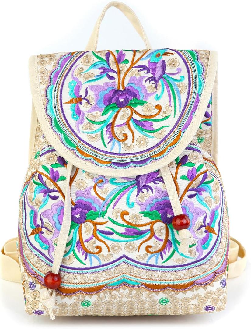 Goodhan Vintage Embroidered Backpack Purses for Women - Boho Shoulder Bag for Travel, Ethnic Floral Mini Back Pack, Lightweight Handbags for Daily Use (Beige-Purple)