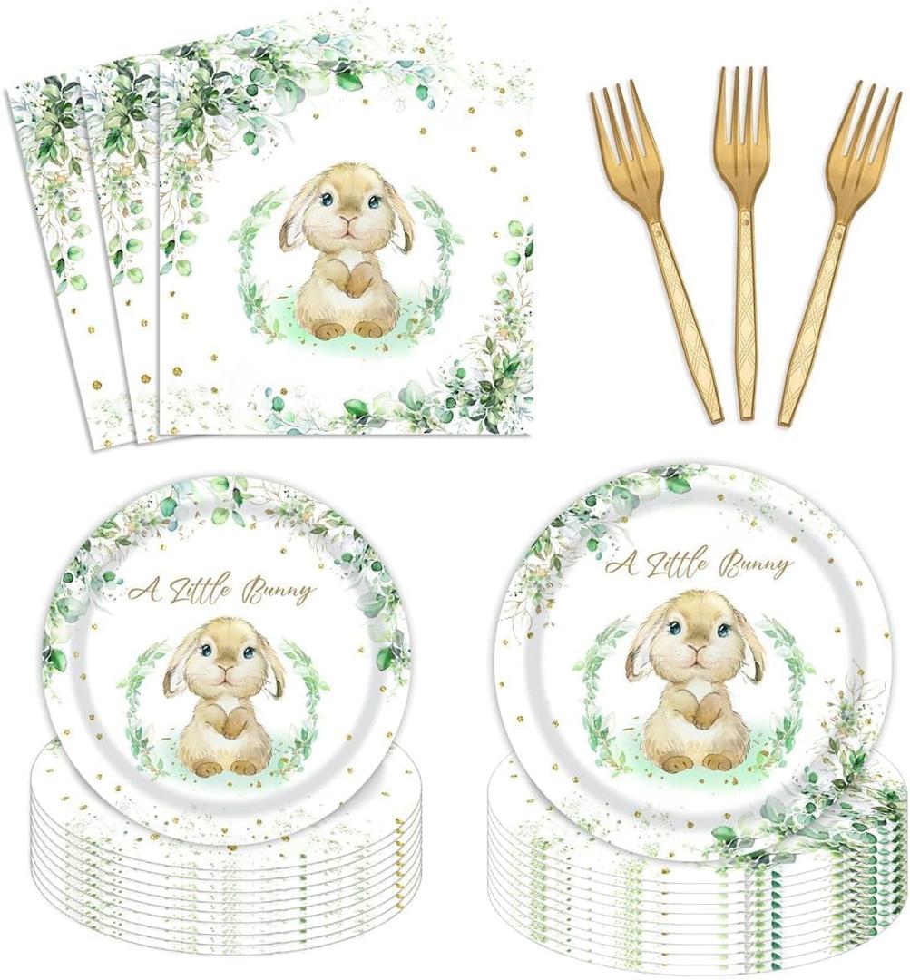 96 Pcs Bunny Party Tableware Set Spring Easter Eucalyptus Rabbit Party Supplies Set 24 Guests Plates Paper Napkins Plastic Forks for Birthday Baby SAYwer Party