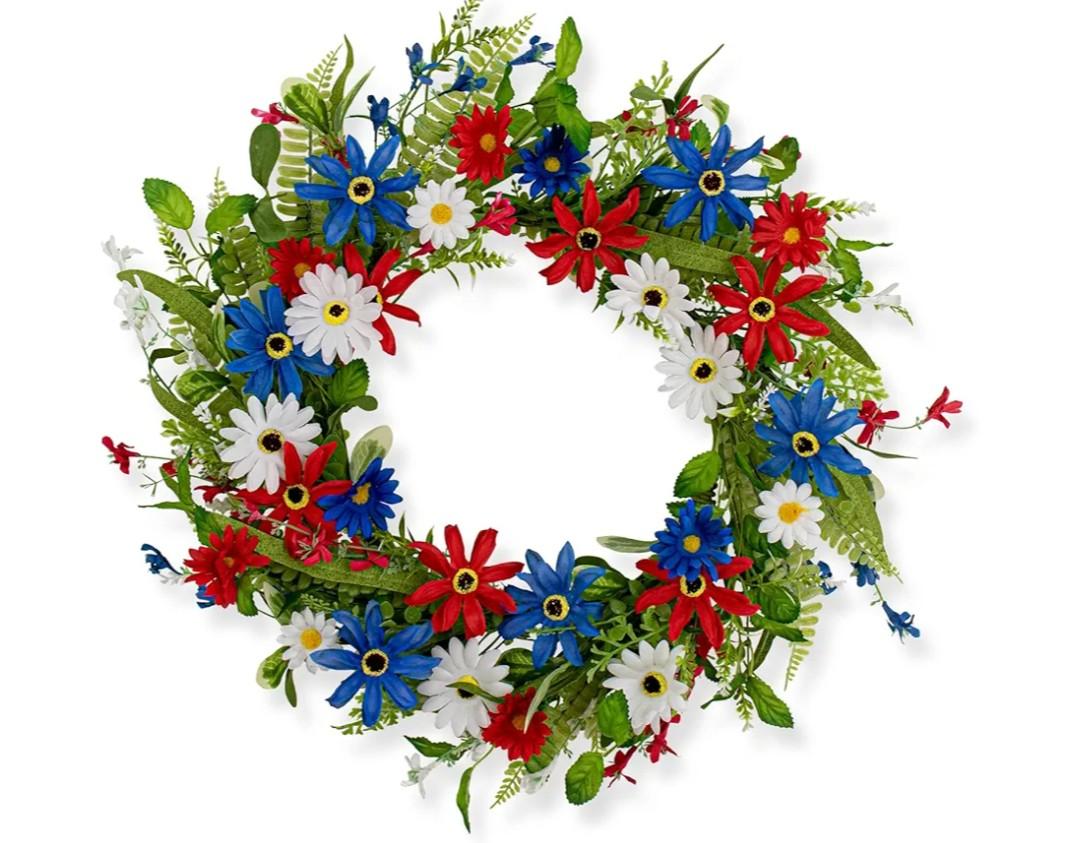 J'FLORU 4th of July Wreath 17 inch Independence Day Wreath Red White Blue Patriotic Wreaths for Front Door with Red White Blue Daisies for July Fourth Memorial Day Flay Day Decor J'FLORU 4th of July Wreath 17 inch Independence Day Wreath Red White Blue Patriotic Wreaths for Front Door with Red White Blue Daisies for July Fourth Memorial Day Flay Day Decor