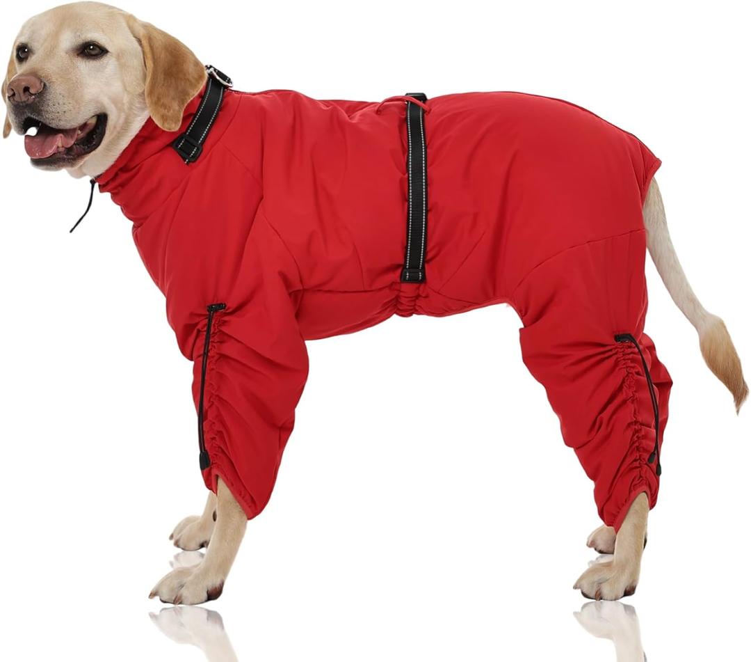 FUAMEY Full Body Dog Coat,Warm Dog Fleece Jackets with Harness Built in Windproof Dogs Snowsuit Zip up Pet Four Legged Pets Jumpsuit Winter Outfit Cold Weather Coats for Extra Large Dogs Red XXL