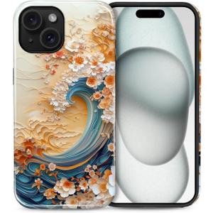 Compatible with iPhone 15 Plus Case, Hybrid 2-Layer Case Shockproof Anti-Scratch for Girl Women Boy Men, Floral Waves for iPhone 15 Plus