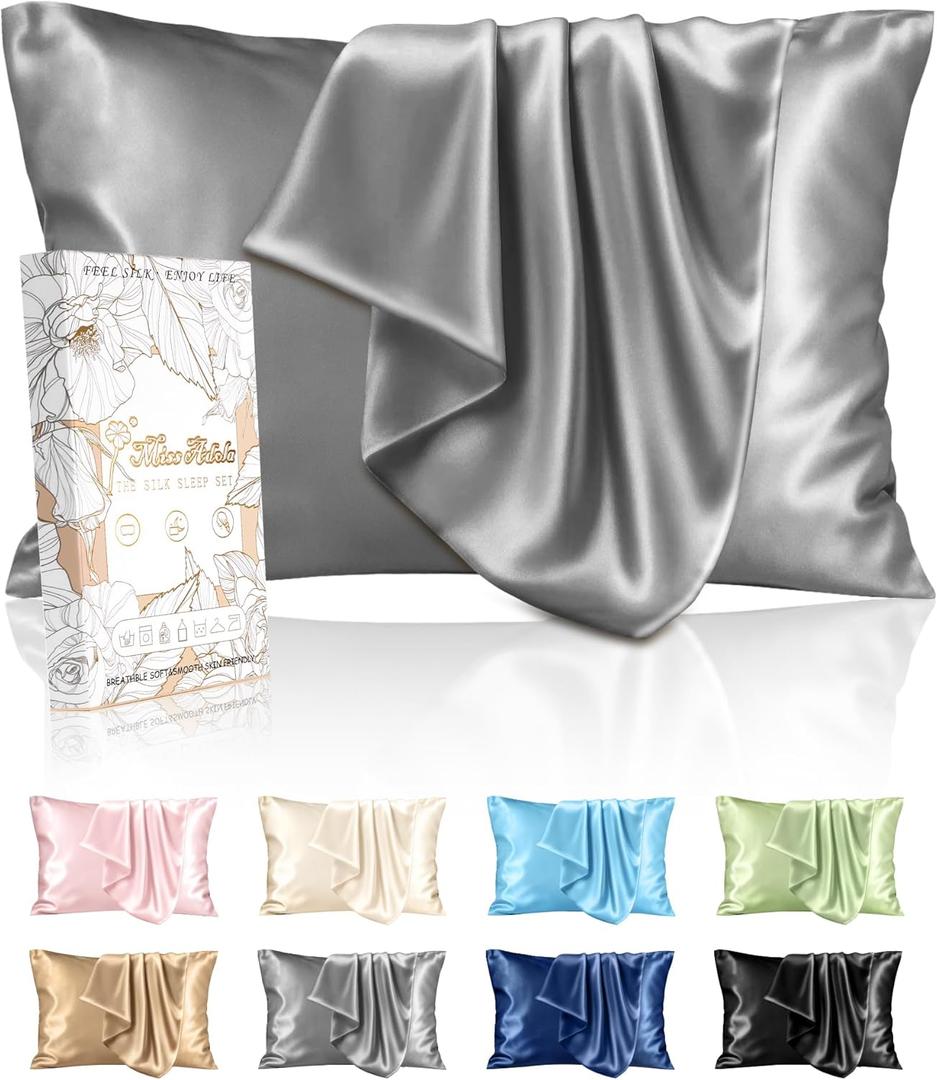 Miss Adola Silk Pillowcase 2 Pack - Pillow Cases Standard Set of 2 Size 20" x 26" for Hair and Skin Smooth Soft Breathable with Hidden Zipper Cooling Pillow Covers for Women, Light Grey