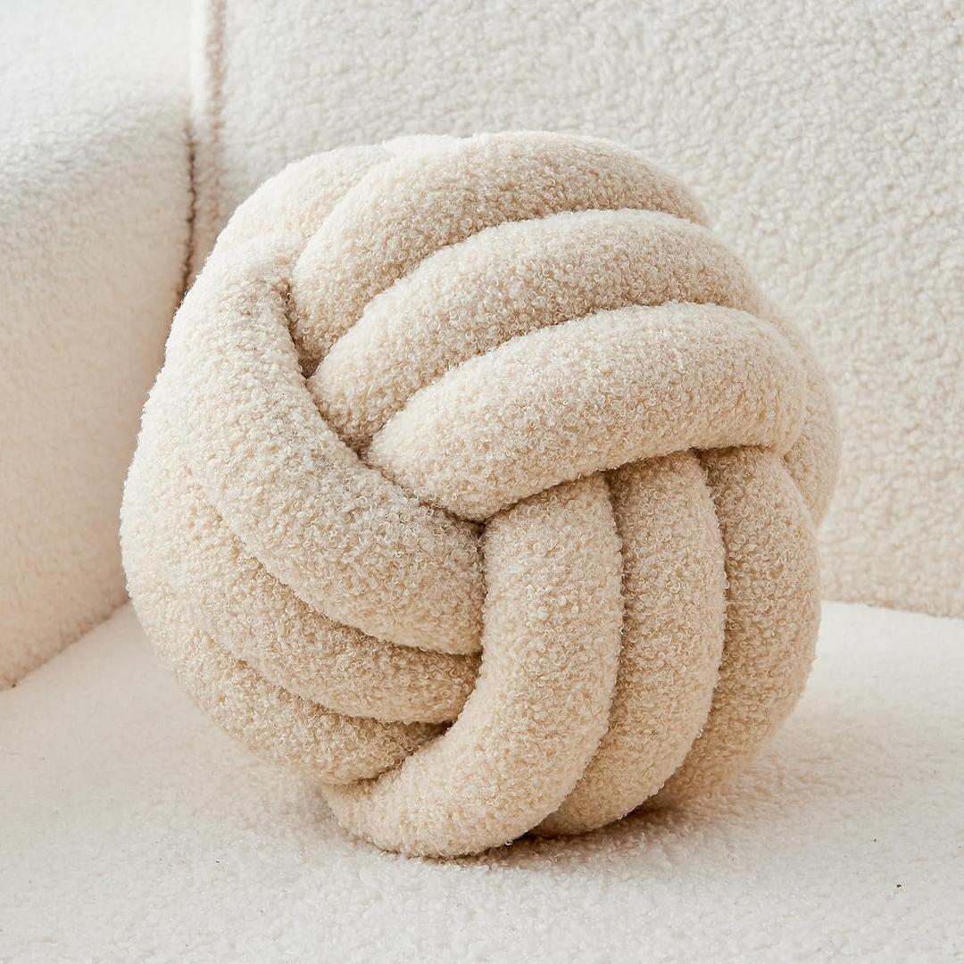 Decorative Throw Knot Pillow Ball for Home Chair Sofa Couch Bed Aesthetic Round Decor Pillows Lambswool Knotted Pillow Cushion (Beige, 8inches)