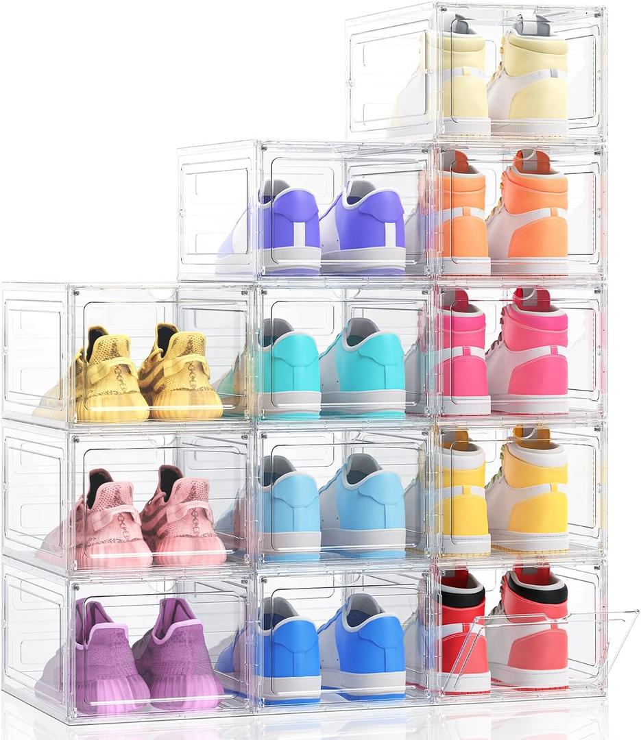 Kitsure Thicker & Sturdier Shoe Boxes - 12 Pack White Clear Plastic Foldable Storage Organizer with Magnetic Door, Reinforced Heavy-Duty Design for Sneakers, Toiletries & Accessories, 13.2"x9.8"x7.3"