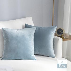 Stellhome Super Soft Velvet Square Throw Pillow Covers for Bed Couch Sofa Bench, 18 x 18 inch (45 cm), Silver Blue, Pack of 2
