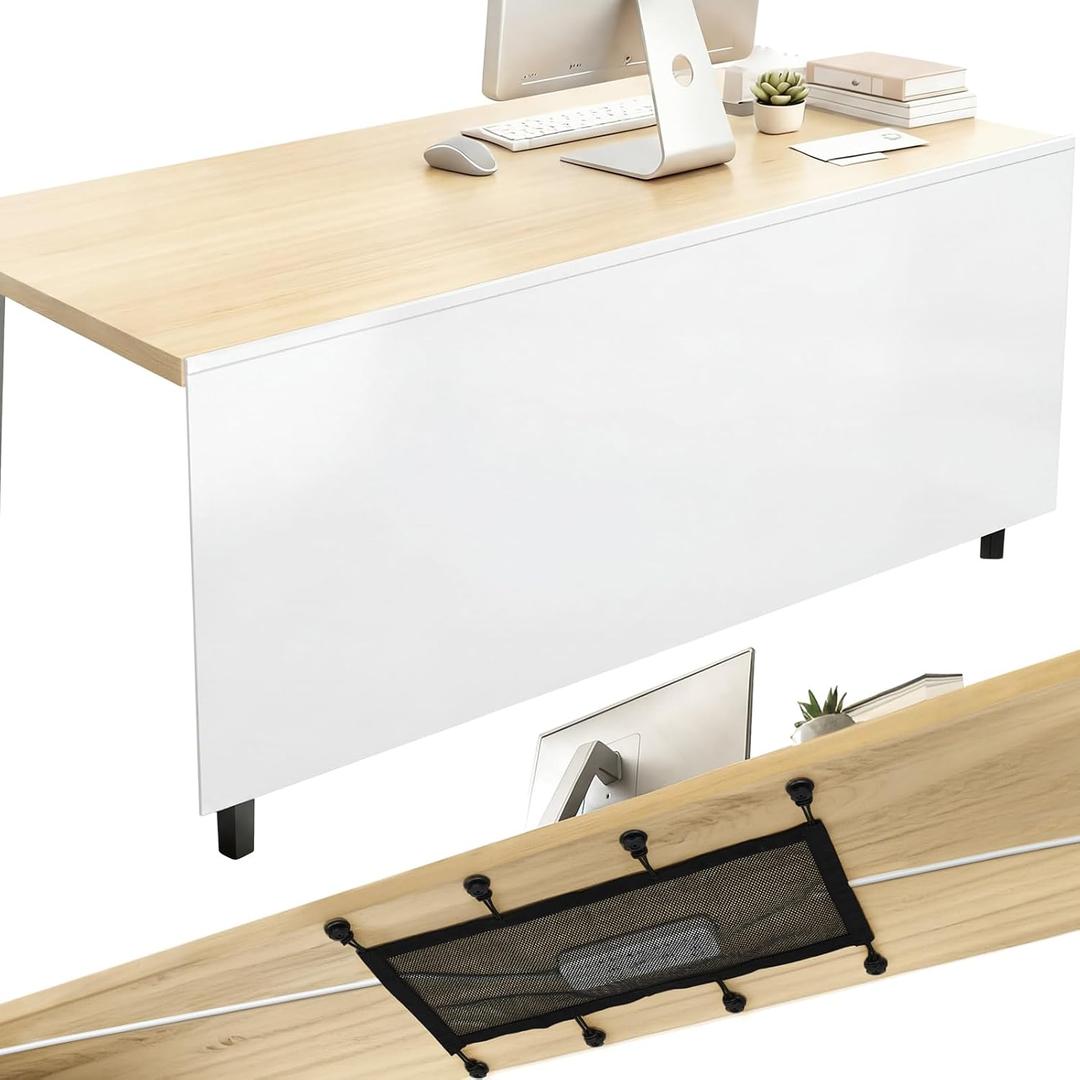 Tegeme 48'' Under Desk Privacy Panel with Cable Management Net Desk Skirt Self Adhesive Modesty Panel with Cord Organizer Pockets for Office Home Standing Workstation(White)