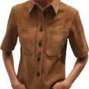Women's Suede Short Sleeve Lapel Single Shirt Classic Button - Down with Chest Pockets jacket