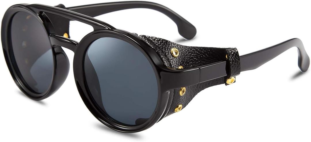 FEISEDY Retro Round Steampunk Sunglasses Women Men Vintage Eyewear Light Plastic Frame with Leatherwear B2532 (Black)
