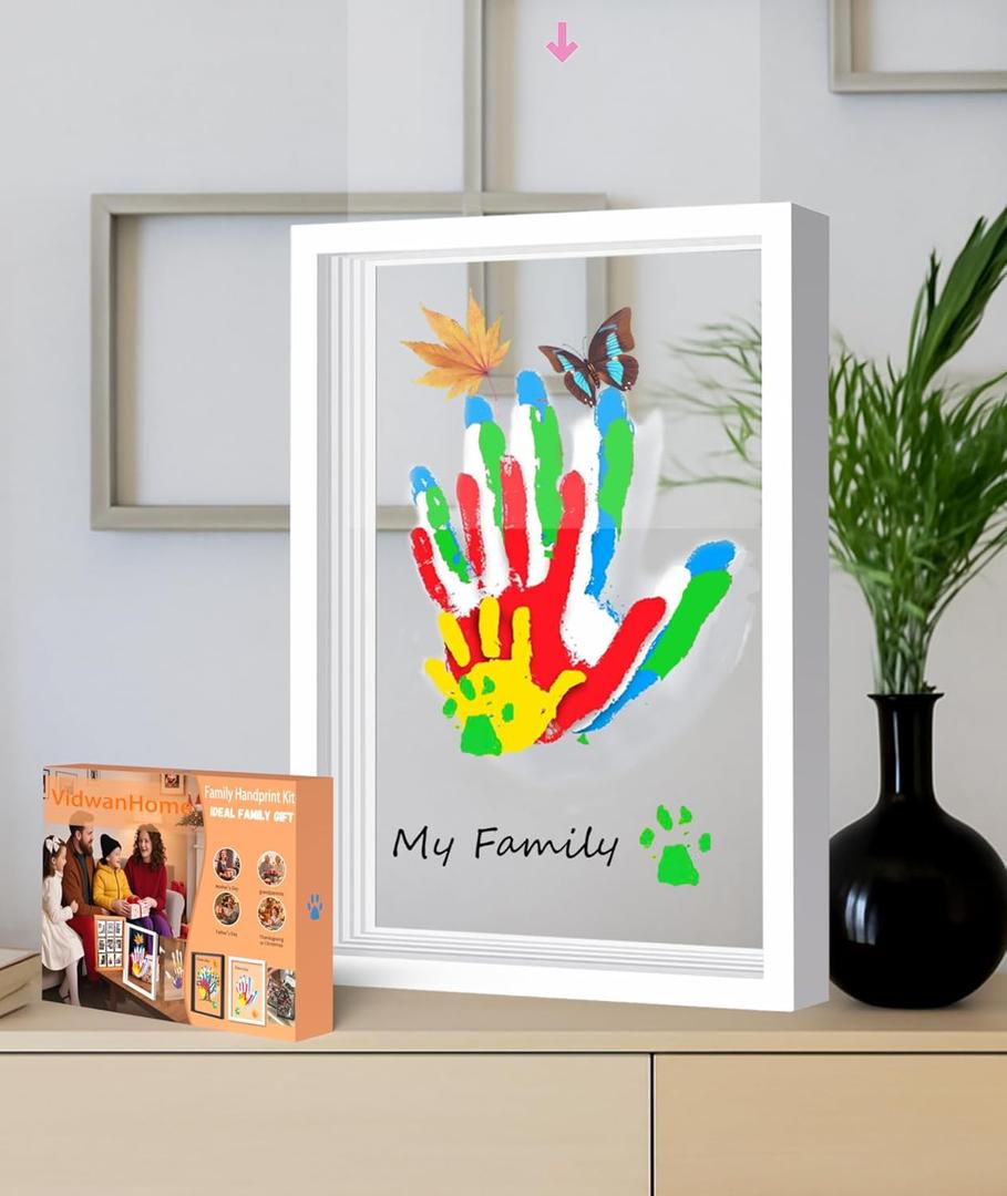 Family Handprint & Hand Casting Kit DIY Craft Keepsake with Wooden Frame, Non-Toxic Paints, Baby Footprint Kit Perfect Gifts for Grandparents, New Parents & Families (White, 4 Transparent Sheets)