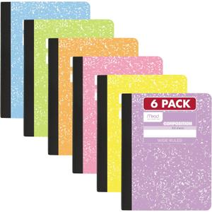 Mead Composition Notebook, Wide Ruled 7.5" x 9.75" Paper, 100 Sheets, Assorted Pastel Colors, 6 Pack (950154)